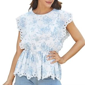 Women Summer Floral Peplum Blouse Short Cap Sleeve Hollow Out Tops